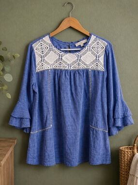 LOFT Blue Tunic with White Crochet Yoke